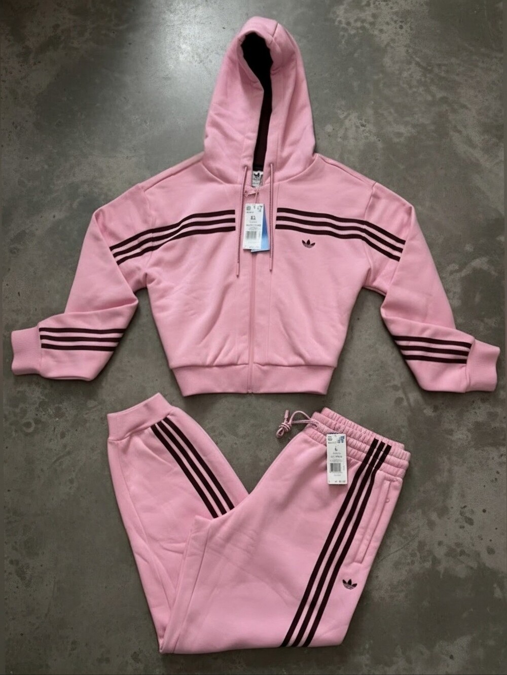 NWT Adidas Originals 70s Short Full Zip Fleece Hoodie & Joggers, True Pink